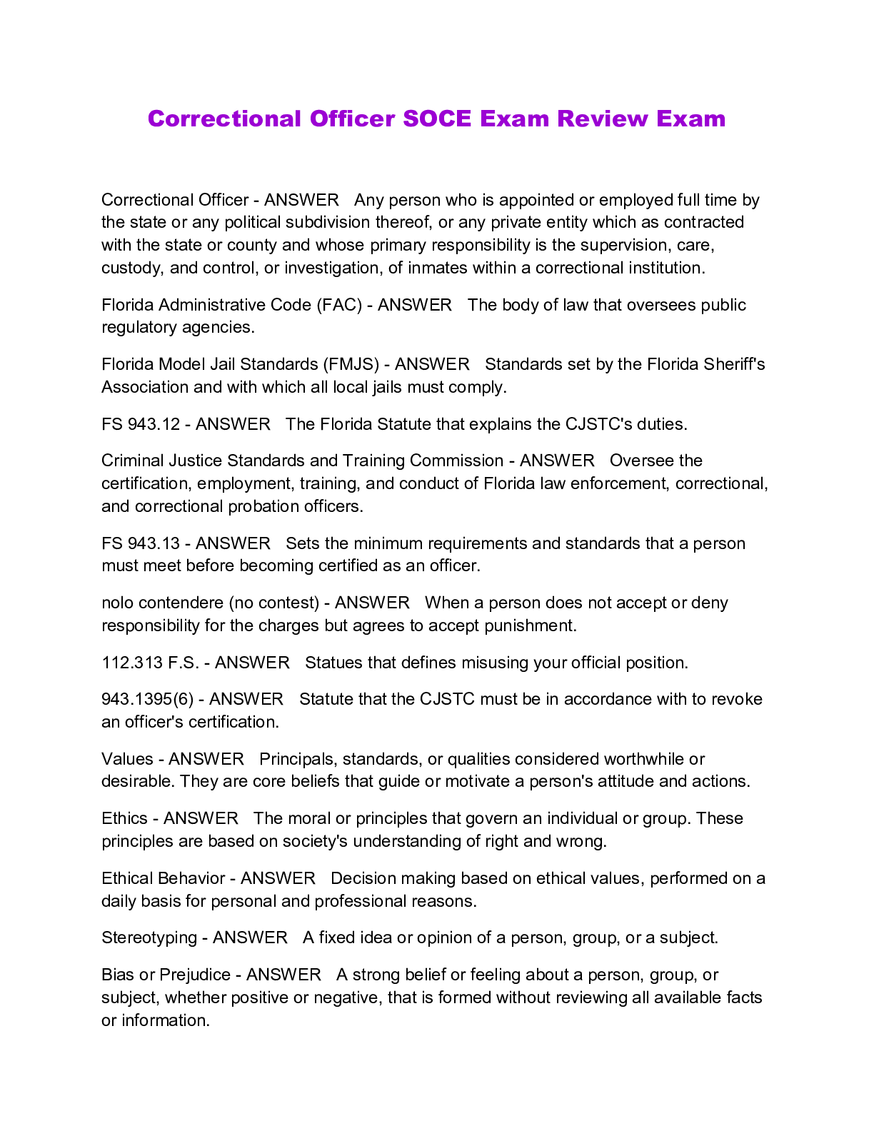 Correctional Officer SOCE Exam Review Exam Browsegrades